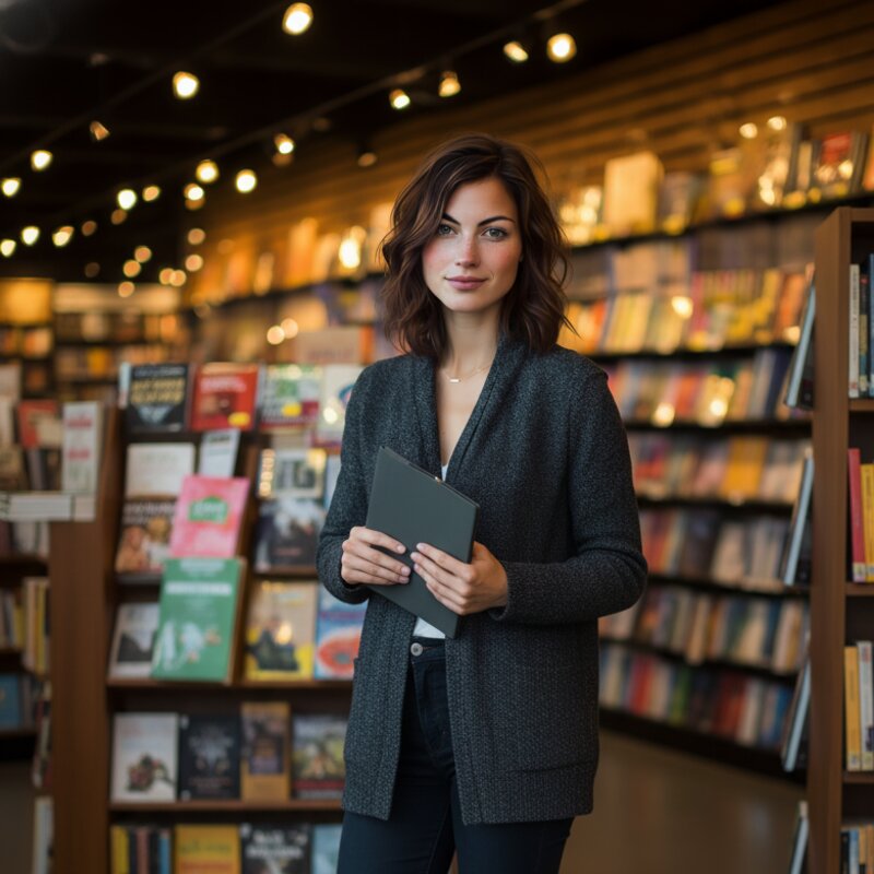A cozy fantasy bookstore with warm lighting